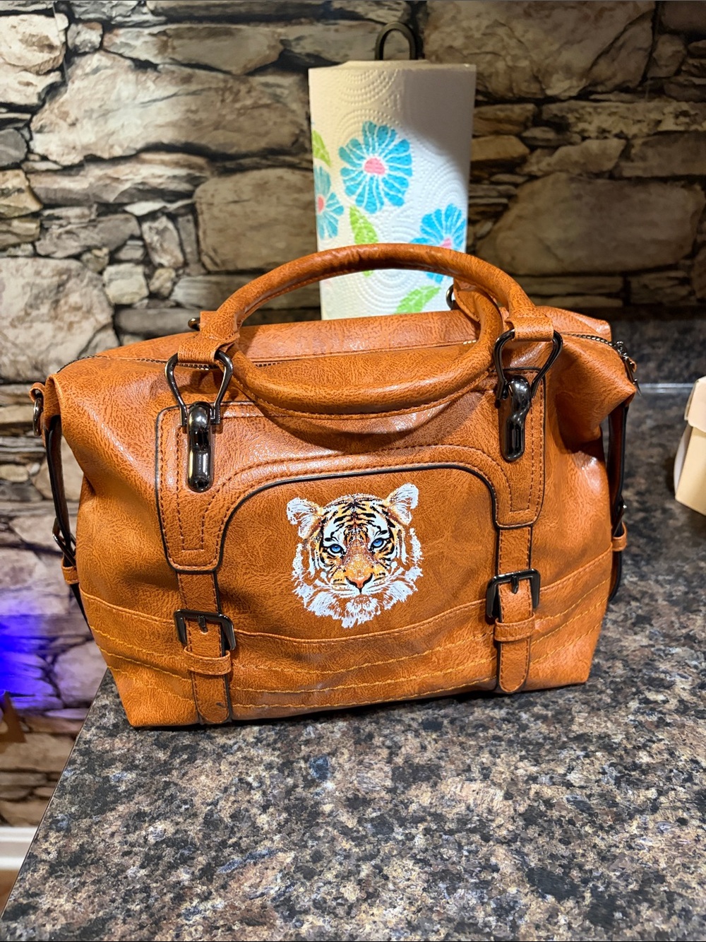 Embroidered Tiger Satchel in Warm Cognac